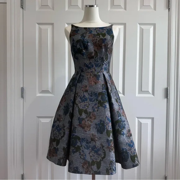 Gal Meets Glam Blue Dark Rose Gold Pleated Spaghetti Strap Cocktail Dress Size 0 - Picture 8 of 12